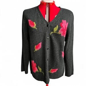 Stitches In Time Charcoal Grey Cardigan Sweater with Pink & Red Flowers 1X